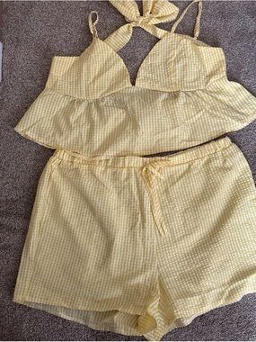 Yellow Seersucker Peplum Cami & Drawstring Short Sleep Set